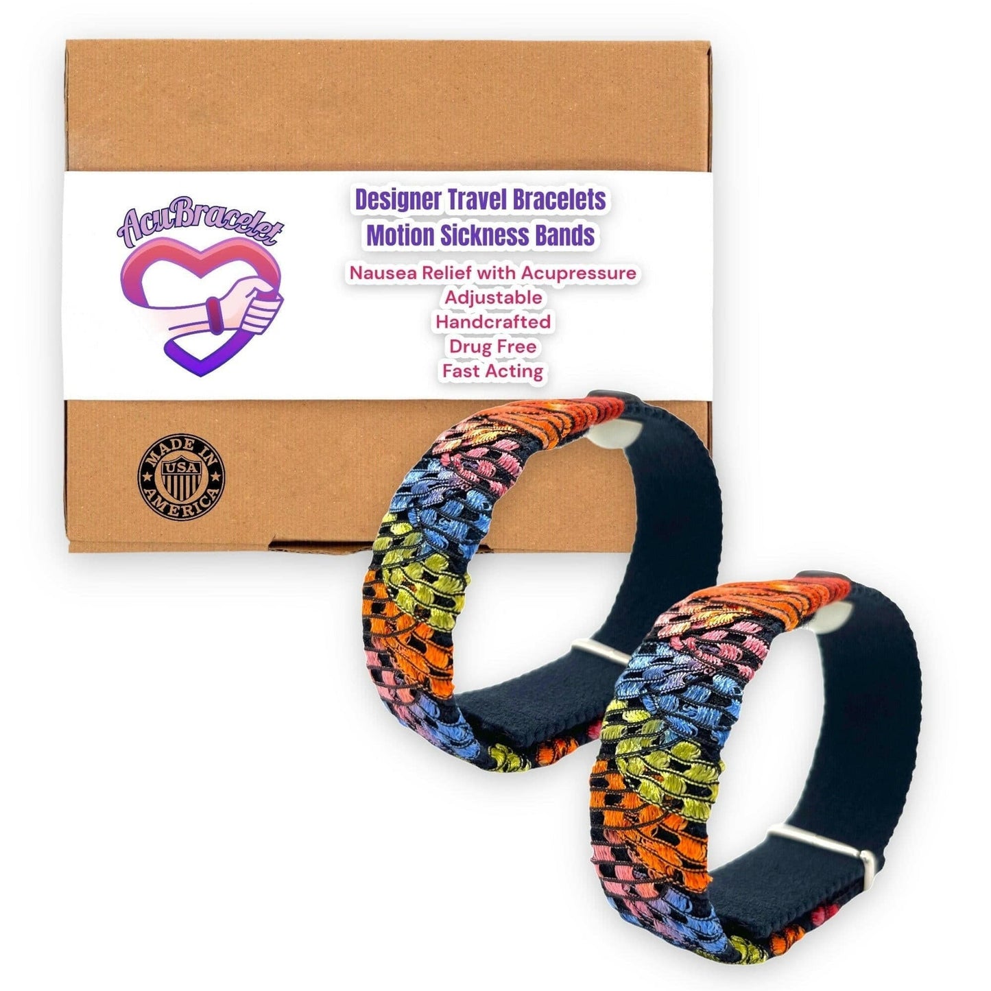 Designer Anti-Nausea Bracelets – Adjustable Motion Sickness Relief and Calming Bands – Pair with VELCRO® Fasteners